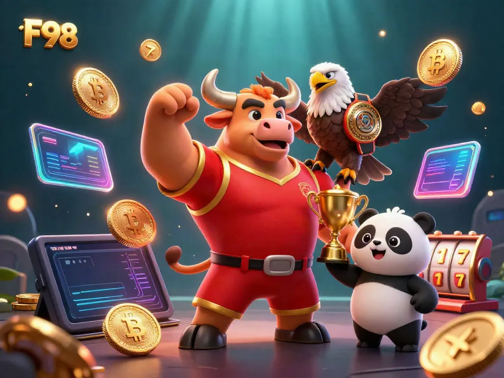 F98 celebratory illustration showcasing a winning casino scenario with vibrant characters amidst slot reels and crypto coins.