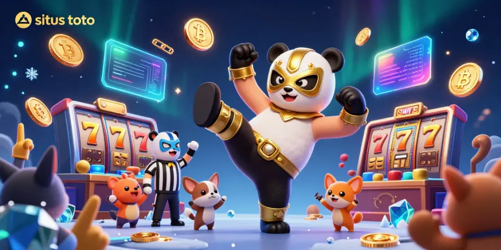 Experience excitement with situs toto as an animated panda wrestler kicks into action, surrounded by slot symbols.