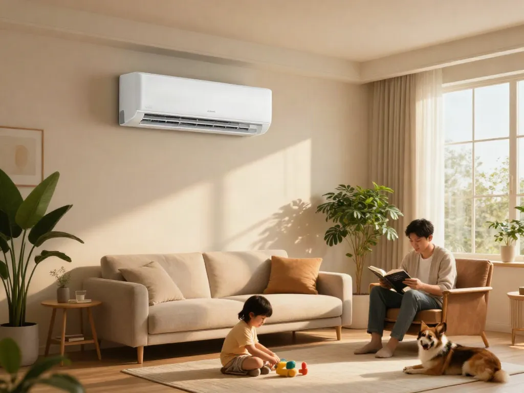 Cozy living room with a mini split AC unit providing comfort to a family.