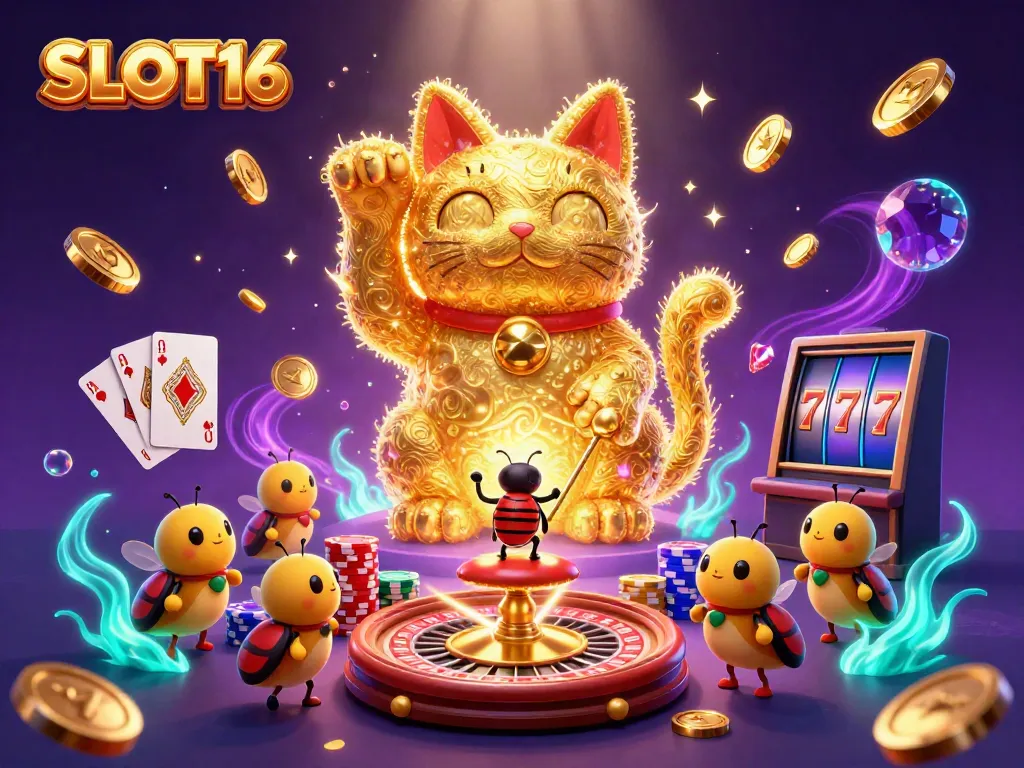 SLOT16 lucky cat created by golden fireflies, surrounded by casino symbols and vibrant elements