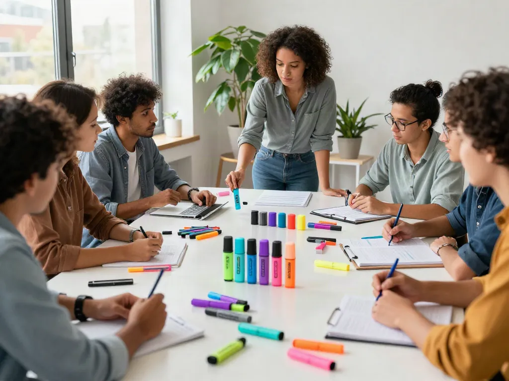 Highlighter manufacturer team collaborating around colorful highlighters on a workspace table
