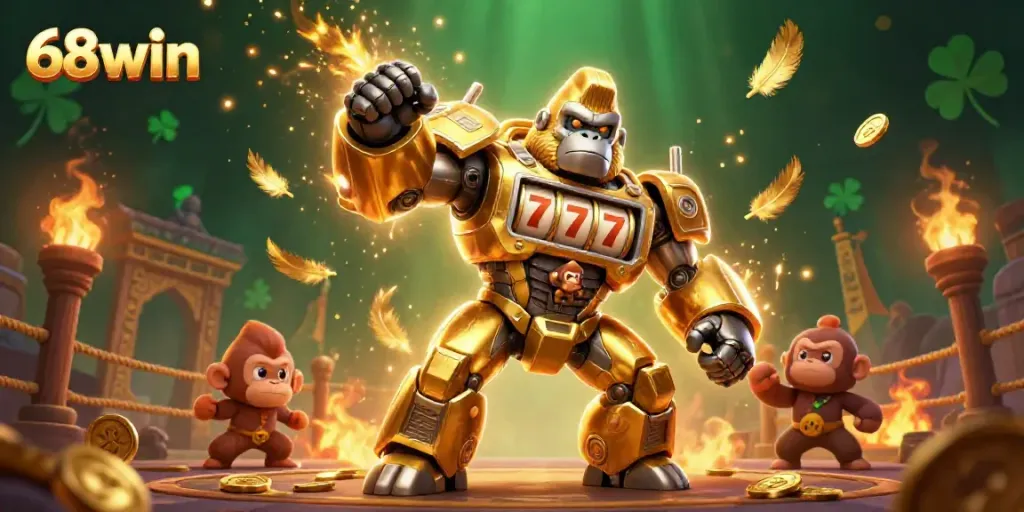Experience the thrill of 68win with a vibrant 3D illustration of a golden gorilla mech surrounded by casino elements.