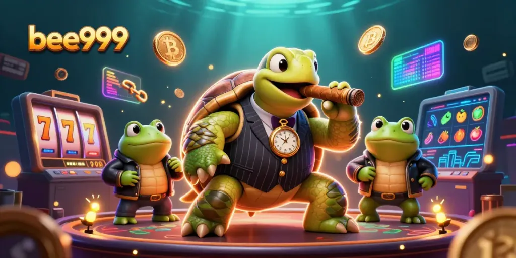 Experience the thrill of bee999 with a mobster turtle and gaming elements in dynamic casino art.