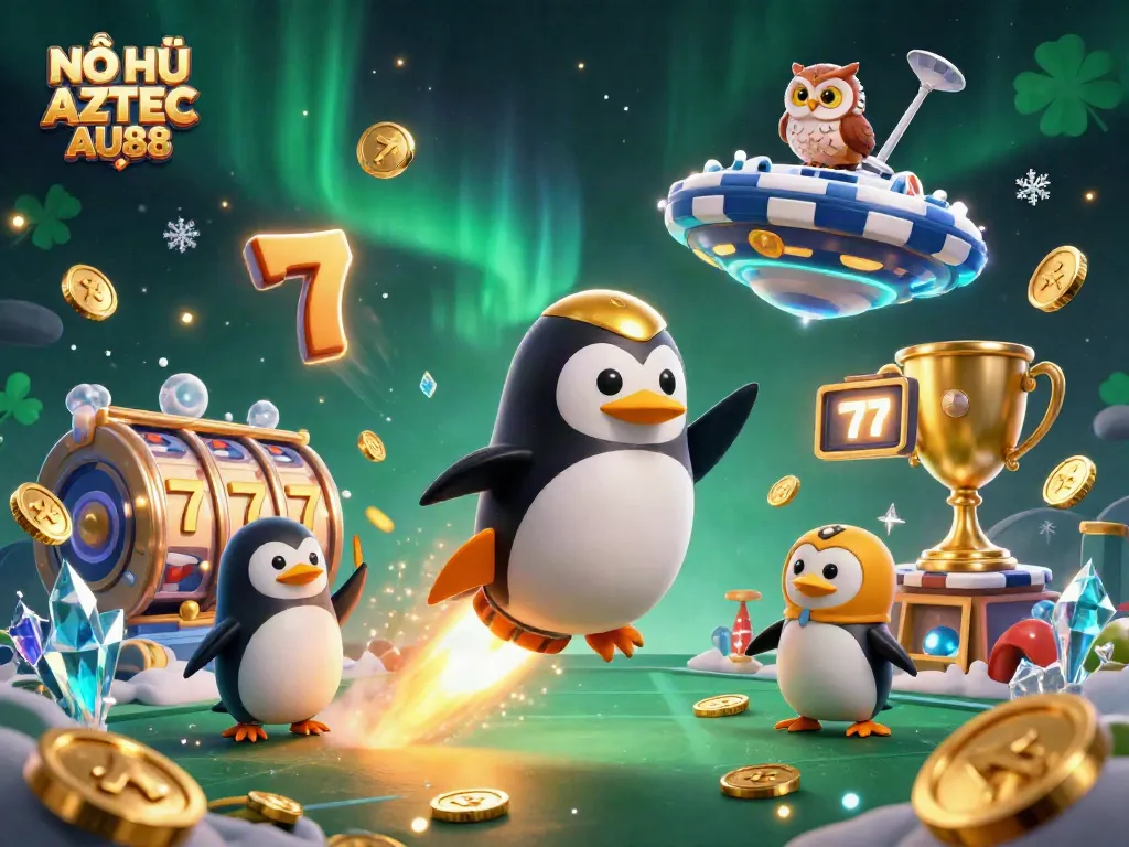 Experience exciting gameplay with NỖ HŨ AZTEC AU88 in this vibrant 3D scene filled with slot elements and gold coins.