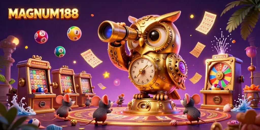 Engage with MAGNUM188's vibrant gaming universe featuring a golden owl, dynamic casino elements, and lottery excitement.