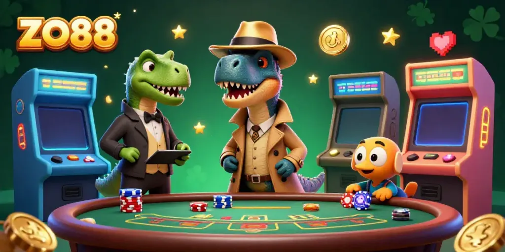 Experience ZO88 excitement at the blackjack table in a lively 3D casino illustration.