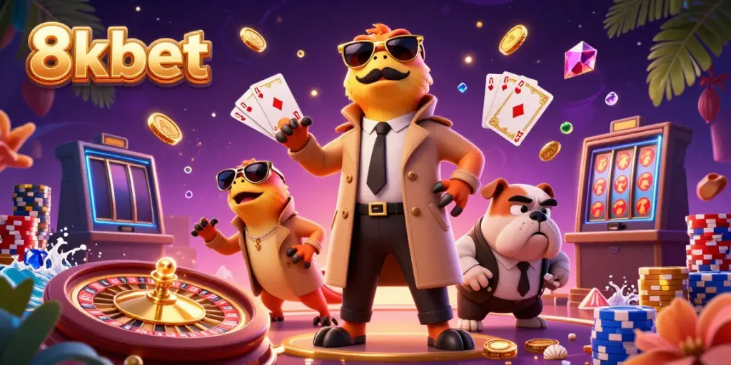 Experience thrill at 8xbet with cartoon raptors sneaking into a VIP casino lounge.