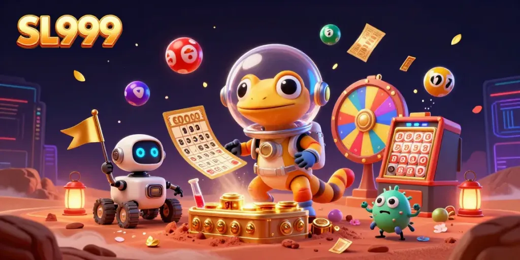 Experience the thrill of SL999 gaming with a Martian gecko and vibrant casino elements.