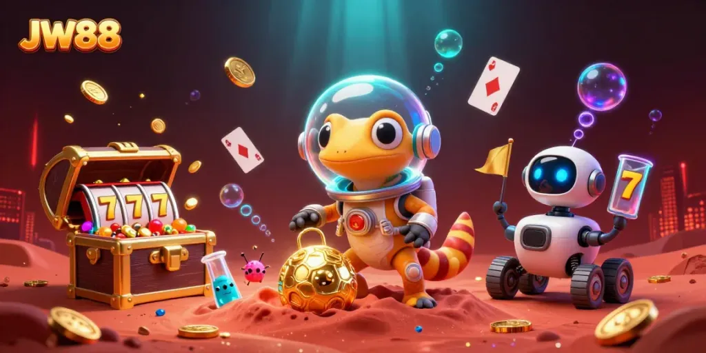 JW88 Martian gecko in retro space armor explores a golden casino in a vibrant casino-themed illustration.