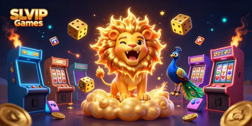 Engage in SLVIP Games with a vibrant 3D casino illustration showcasing thrilling game elements and characters.