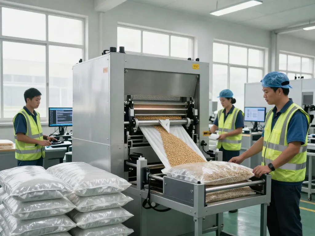 Open mouth bag filling machine efficiently filling bags in a clean industrial environment.