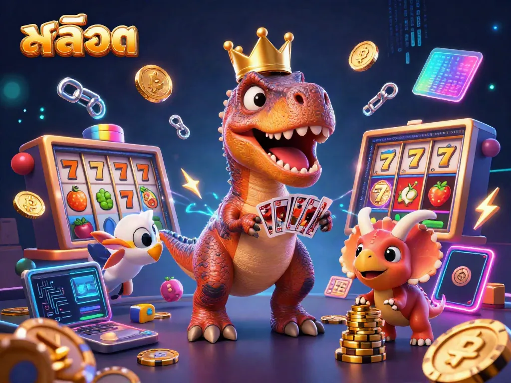 สล็อตและการเล่นเกมพร้อมไดโนเสาร์น่ารักในการ์ตูนแสดงบรรยากาศคาสิโน