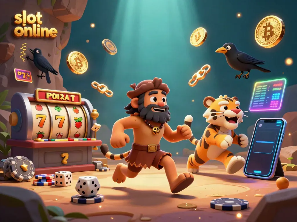 Spin the reels on thrilling slot online games in a vibrant prehistoric casino scene.