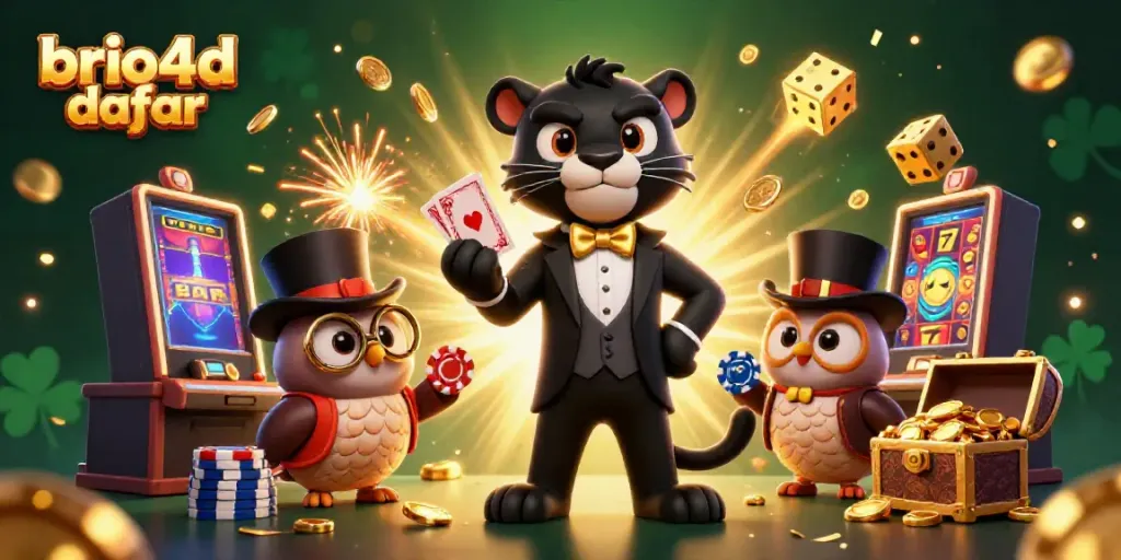 Experience thrilling gaming with brio4d daftar showcasing a cartoon panther and owl with casino elements.