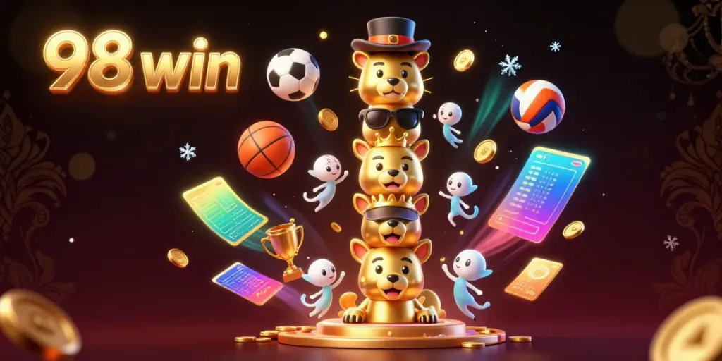Experience vibrant gameplay at 98 win with dynamic sports elements and a golden totem in a rich casino scene.