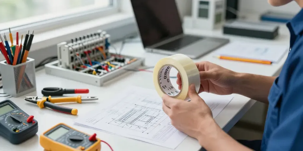 Technician using Link Super33 electrical tape in a bright workshop.