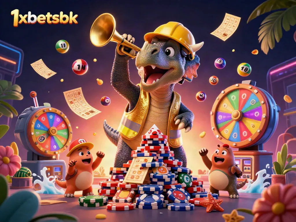 Engage with the vibrant action of 1xbetsbk featuring playful dinosaurs and dynamic casino elements.